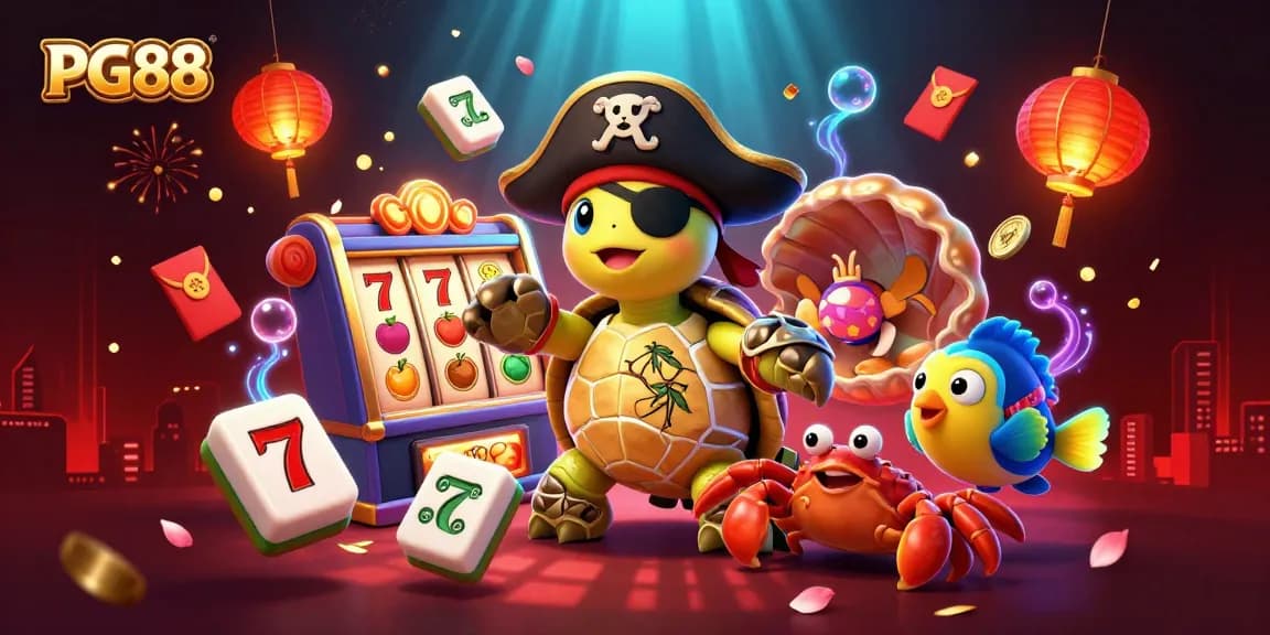 PG88-themed digital illustration showcasing lively casino action with slot machines and vivid characters.