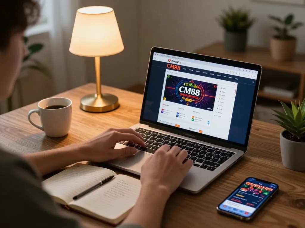 Player engaging with online CM88 casino interface, showcasing strategic gameplay in a cozy home setup