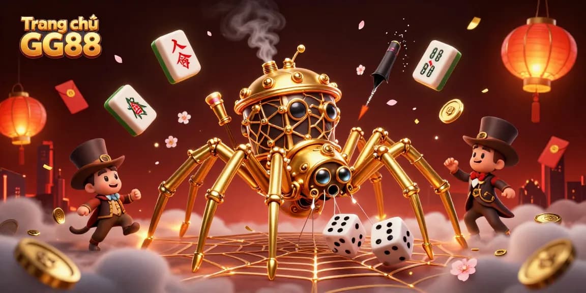 Play exciting games and explore Trang chủ GG88's rich offer, featuring a colorful steampunk spider web with poker elements.
