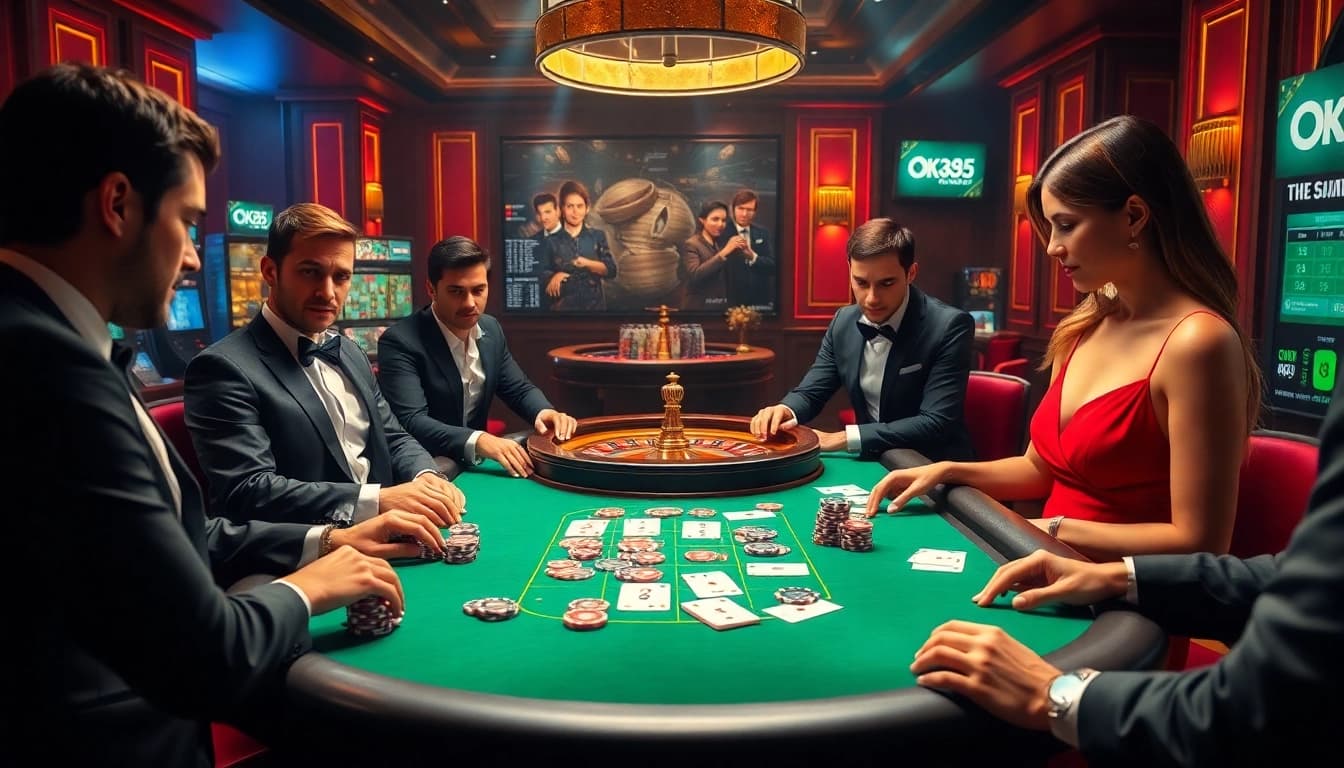Players at the OK365 poker table strategize their game, surrounded by luxury casino elements.