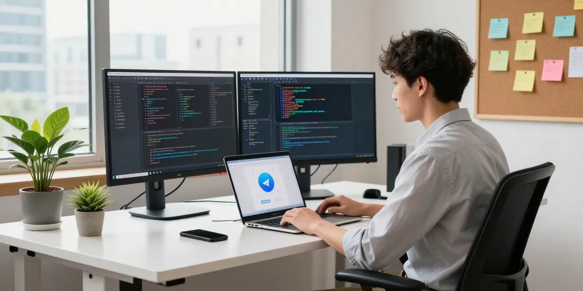 Download Telegram app on a modern workspace laptop with coding screens.