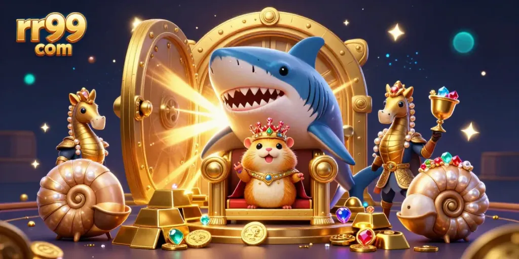 Experience the thrill at rr99 com with a vibrant scene of a golden hamster king and treasures bursting from a vault.