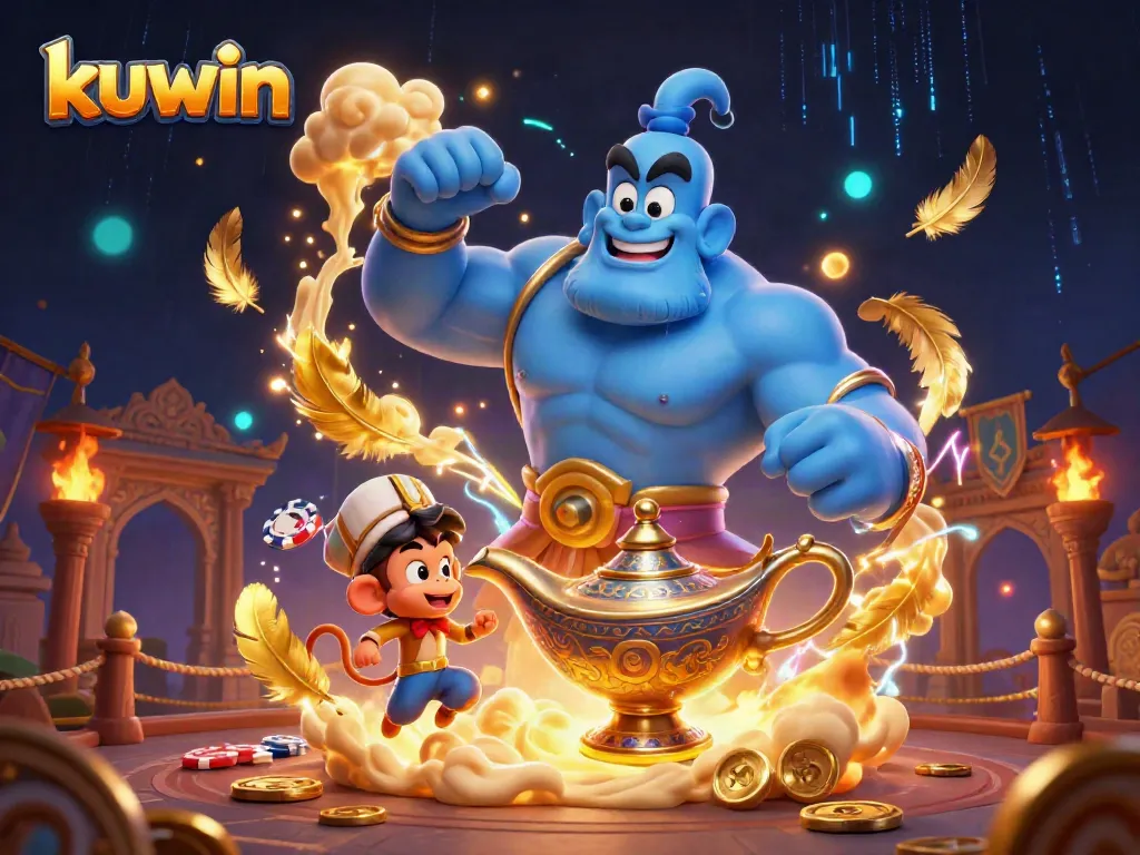 kuwin game adventure with a muscular blue genie and magical poker chips in a vibrant 3D illustration.