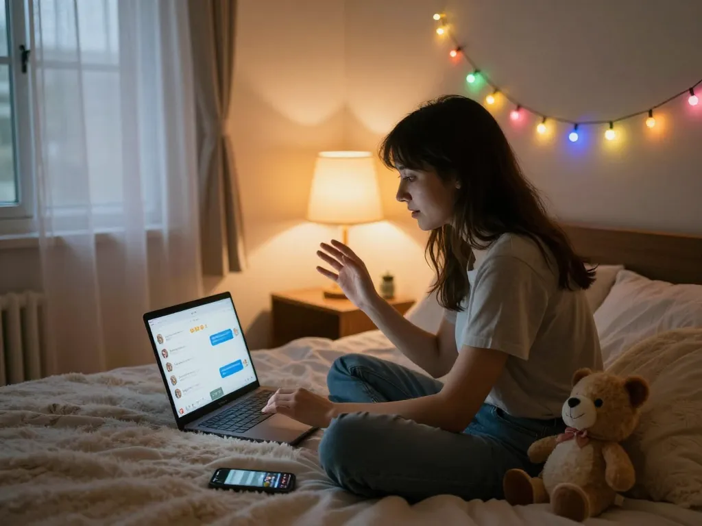 Young woman enjoying a relaxed sex chat on her laptop in a cozy room with warm lighting.