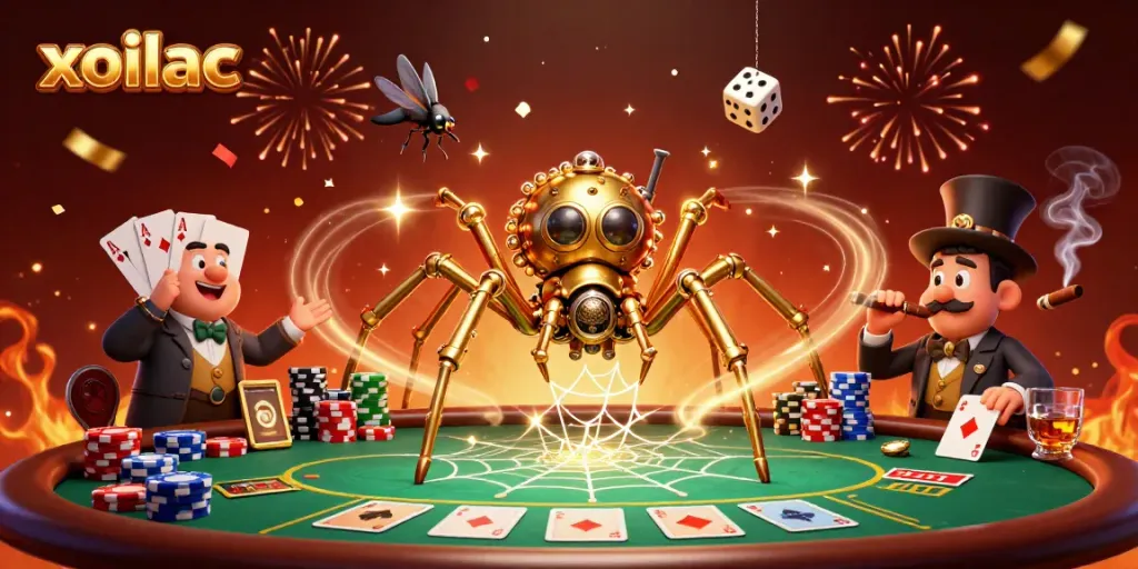 Xoilac's immersive 3D casino scene features a golden spider weaving a web of poker chips and unlucky dice.