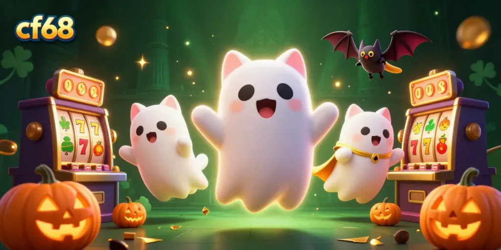 Experience thrilling casino games with cf68 featuring a ghost cat, golden trophies, and slot elements!