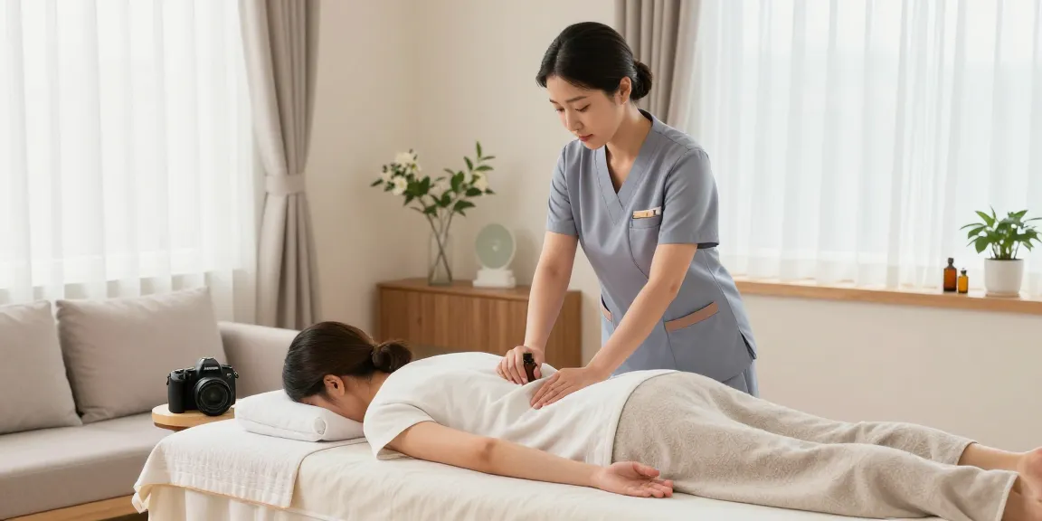 In-home massage scene featuring a professional therapist practicing 구로출장안마 in a serene, calming environment.