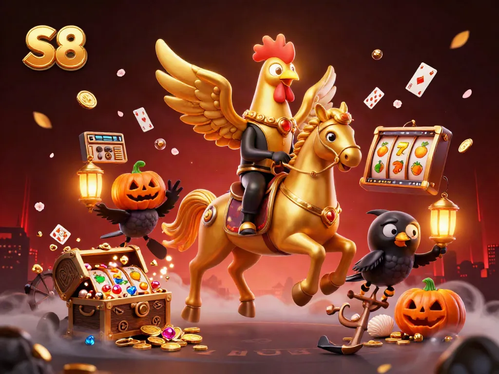 Experience the vibrant S8 casino scene with dynamic golden rooster characters and mystical treasures.