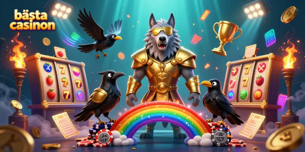 Spela på bästa casinon med en glittrande illustration av Odin och casino-tema.