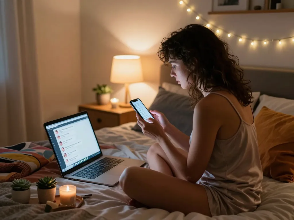 Engaging sexting AI interaction in a cozy bedroom setting with chat interface visible.