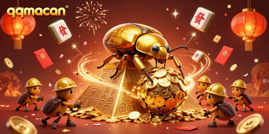 Play exciting slots and games at qqmacan with golden beetles and treasure around a festive casino.