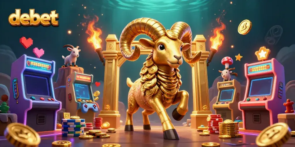 Challenge luck at debet with a golden ram charging through a dynamic casino scene filled with gaming excitement.