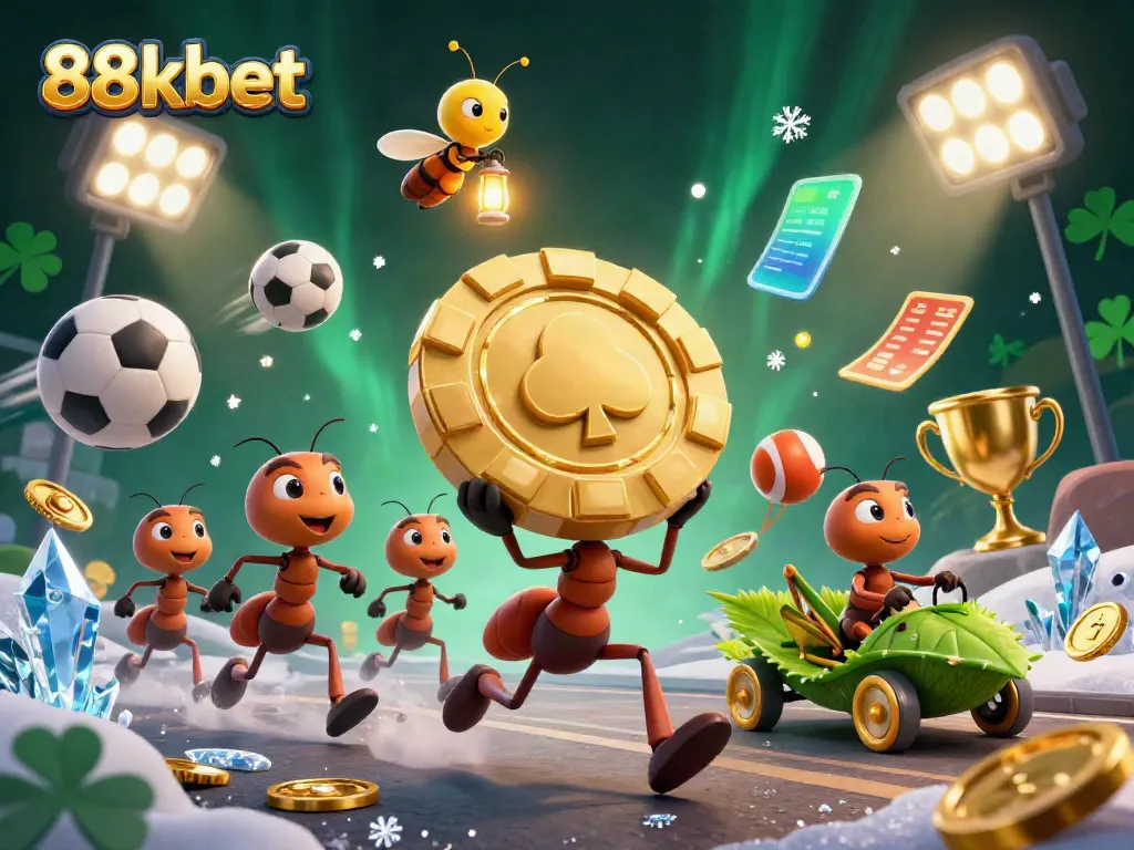Experience the thrill of 88kbet as cartoon ants triumphantly carry a giant poker chip amid dynamic gambling elements.