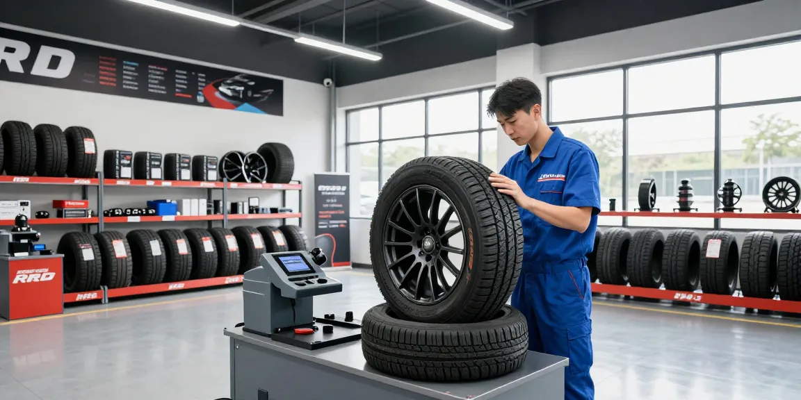 Double Coin RR99 tire inspection in a modern garage environment