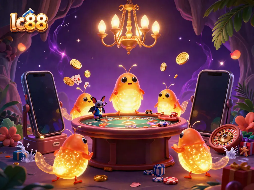 Engage with lc88's vibrant cave casino scene, illuminated by glowworms and featuring dynamic gaming elements.