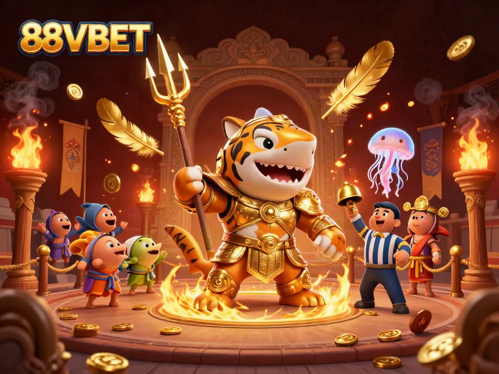 Experience thrilling underwater battles with 88VBET's majestic gladiator shark in a vibrant casino scene.