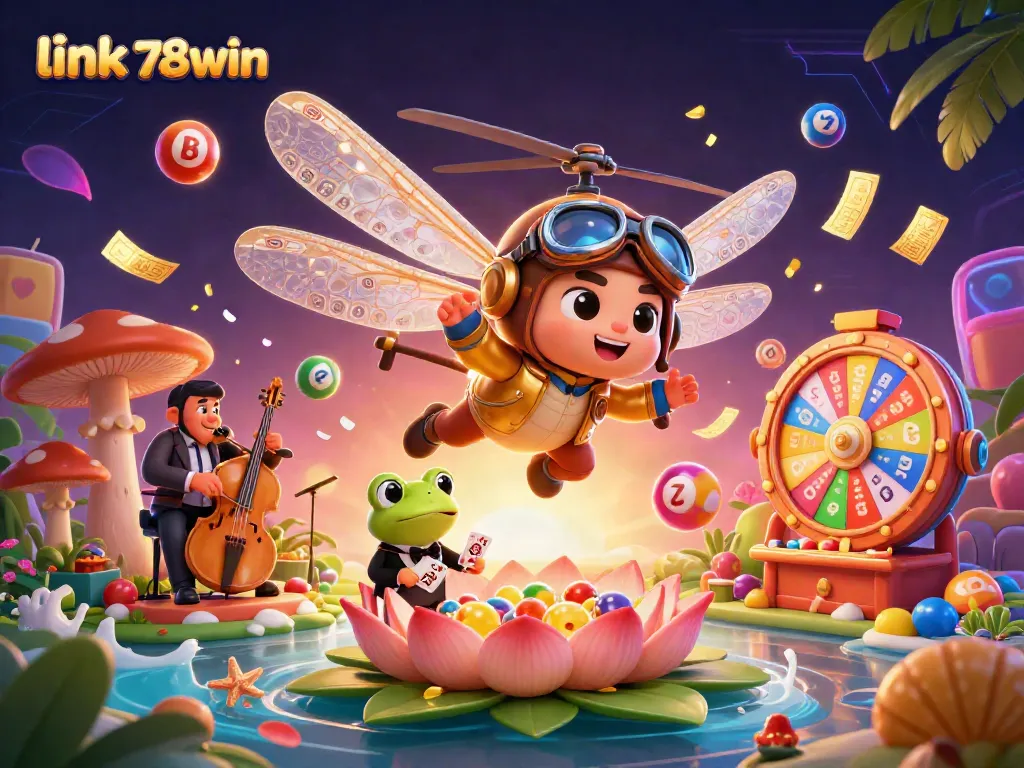 Engage with link 78win in a vibrant, animated casino scene featuring a dragonfly pilot and frog dealer.