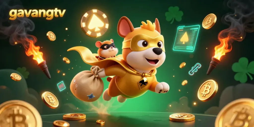 Experience winning excitement with gavangtv's animated superhero dog flying, surrounded by gold coins and casino symbols.