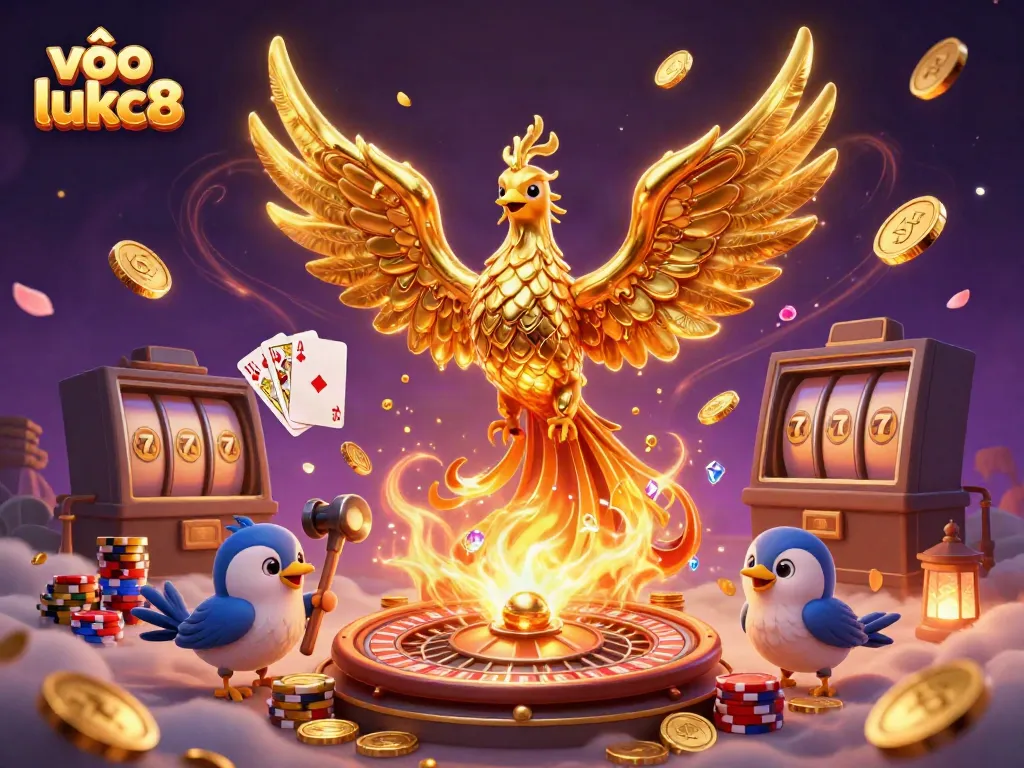 Win big with the molten golden phoenix emerging as you play vào lukc8, surrounded by vibrant casino elements.