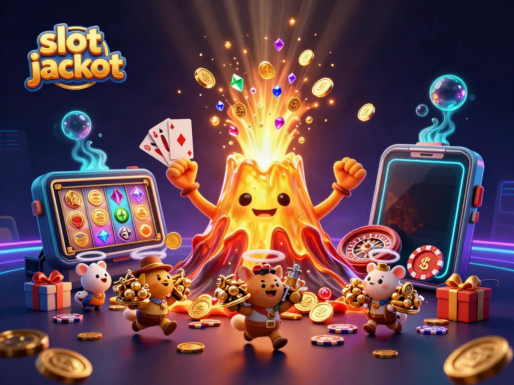 Experience a thrilling slot jackpot adventure with a triumphant volcano erupting coins and treasures.