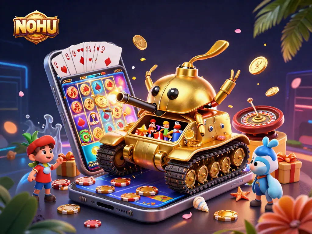 NOHU features a vibrant casino scene with a golden beetle tank and dynamic slot game elements.