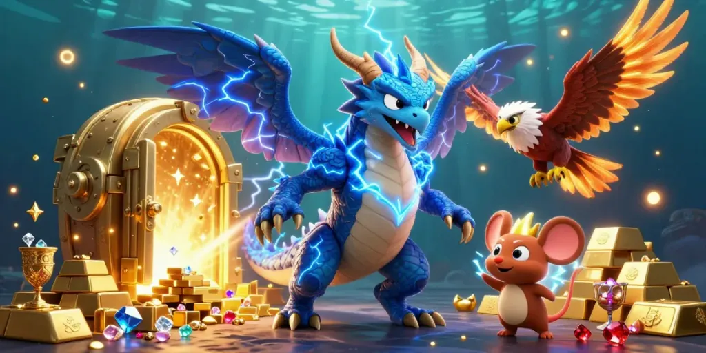 Experience the magic of gamebaidoithuong with thrilling characters and treasure elements in a vibrant casino scene.