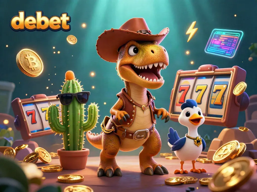 Engage with debet's thrilling online casino experience through T-Rex and friends in an action-packed gaming scene.