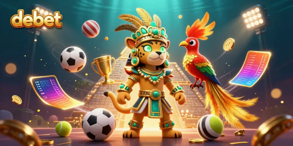 Engage with debet's thrilling sports betting environment featuring a Mayan jaguar priest and quetzal bird.