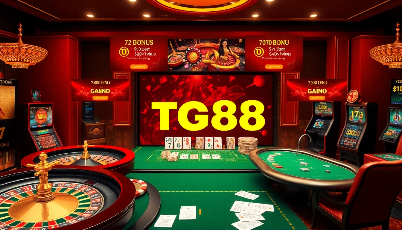 Engaging and vibrant online gambling scene featuring tg88 trang chủ gameplay options with casino tables, slots, and promotions.