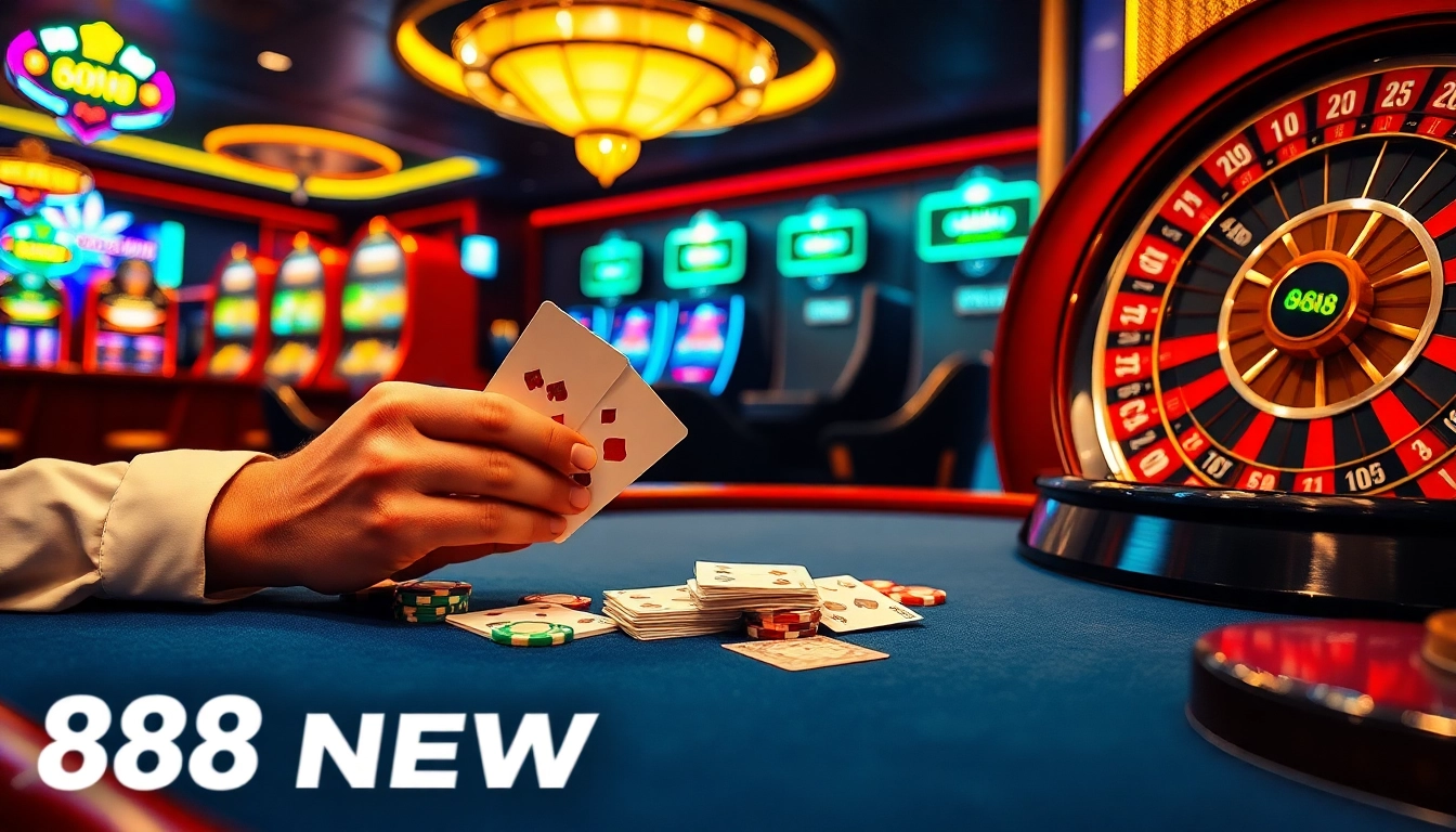 A stunning casino scene showcasing 888 NEW with poker chips and a roulette wheel, creating an exciting atmosphere.