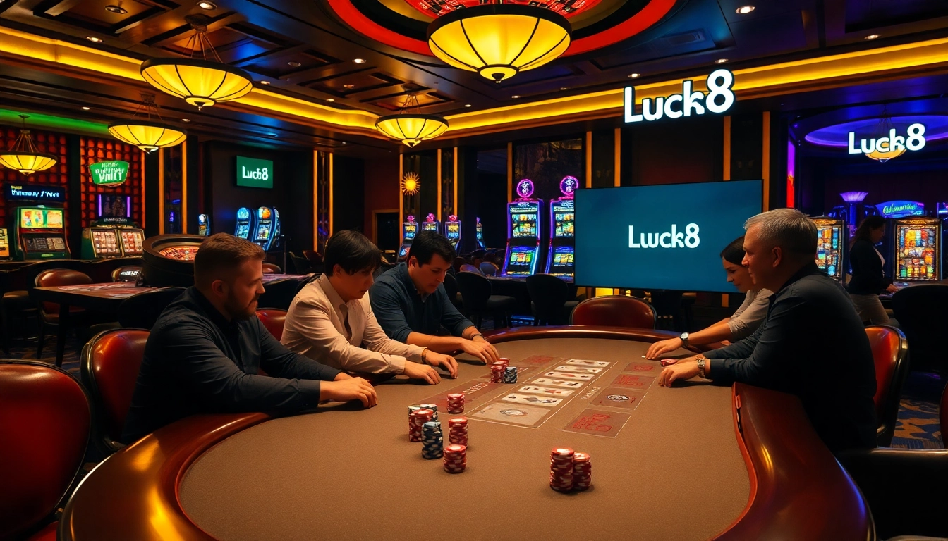 Players enjoying an exciting poker game at Luck8's luxurious casino table.