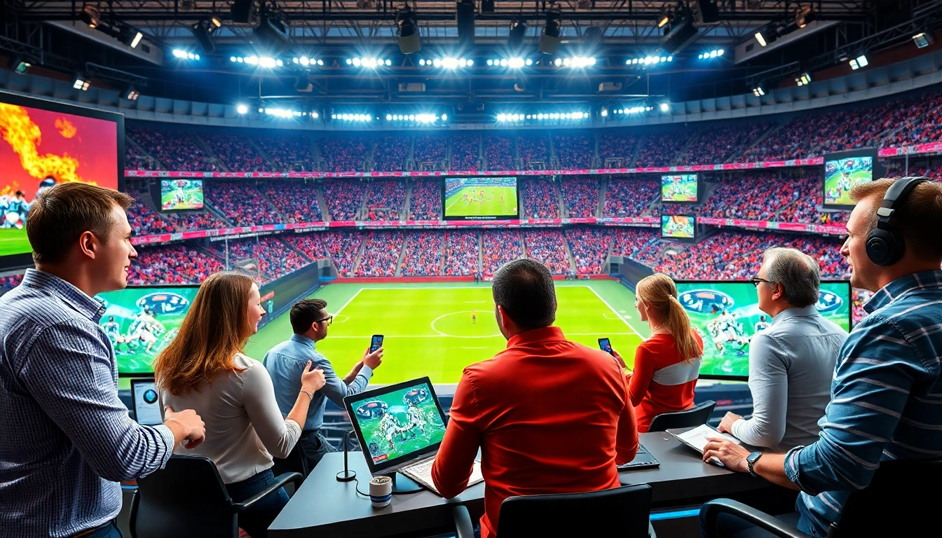 Engaging sports broadcasting studio showcasing diverse commentators, vibrant screens, and live events.