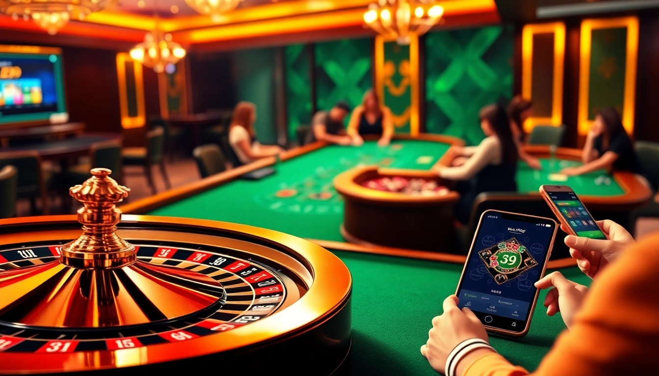 Alo789 online gambling scene with roulette and blackjack, showcasing luxury and excitement.