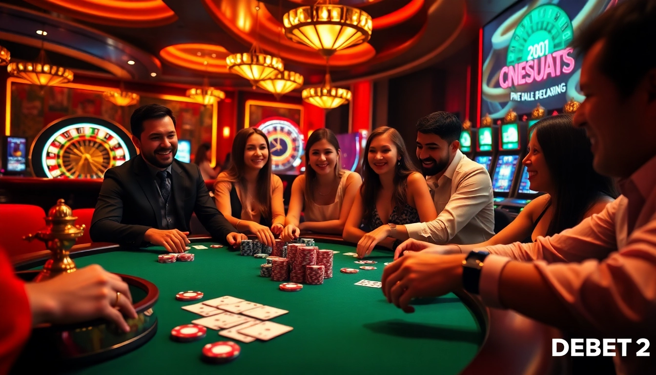 Enthusiastic players engage at a DEBET 2 poker table in a vibrant casino atmosphere.