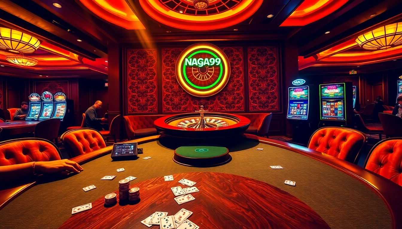 Naga99 players enjoying a vibrant casino atmosphere with exciting games and luxury furnishings.