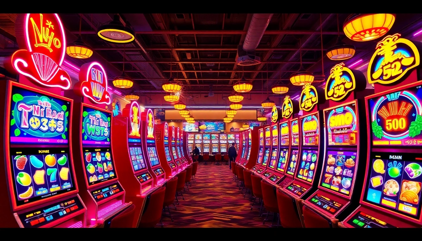 Nổ Hũ gaming excitement with colorful slot machines and lively casino atmosphere