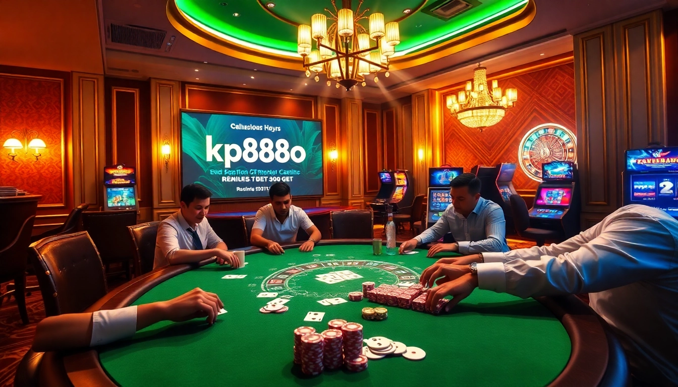 Watch players strategize at the poker table showcasing kp88.bio promotions in a luxurious casino setting.
