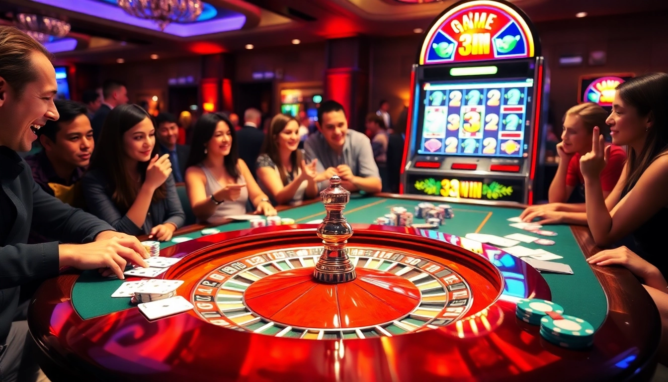 Experience an exciting moment at the game 33win table with players and vibrant casino elements.