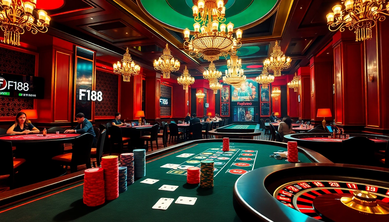 Experience the excitement of F168 casino gaming with vibrant tables, chips, and a roulette wheel.