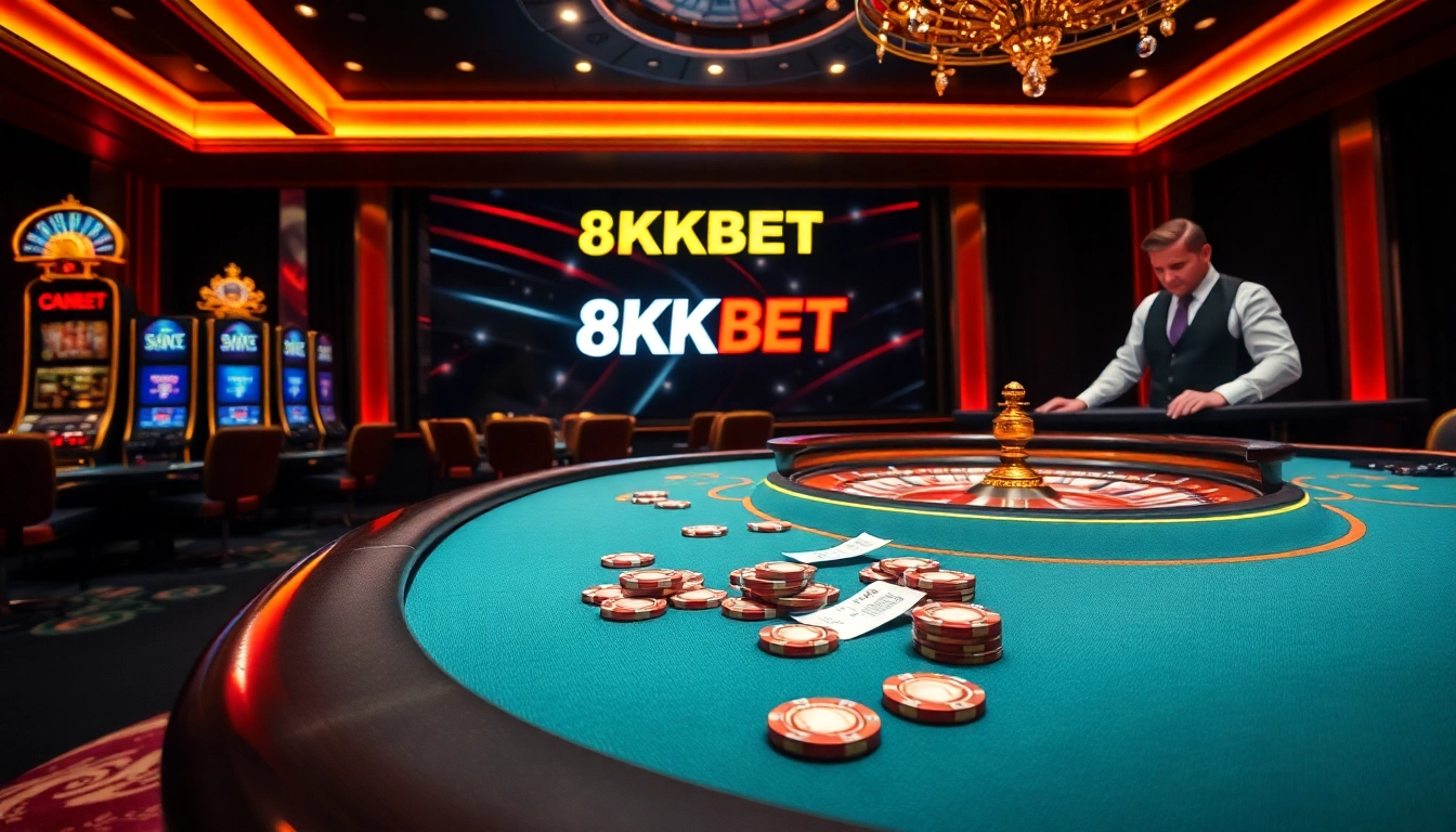 Experience the excitement of 8KBET in a luxurious casino setting with vibrant gaming tables and chips.