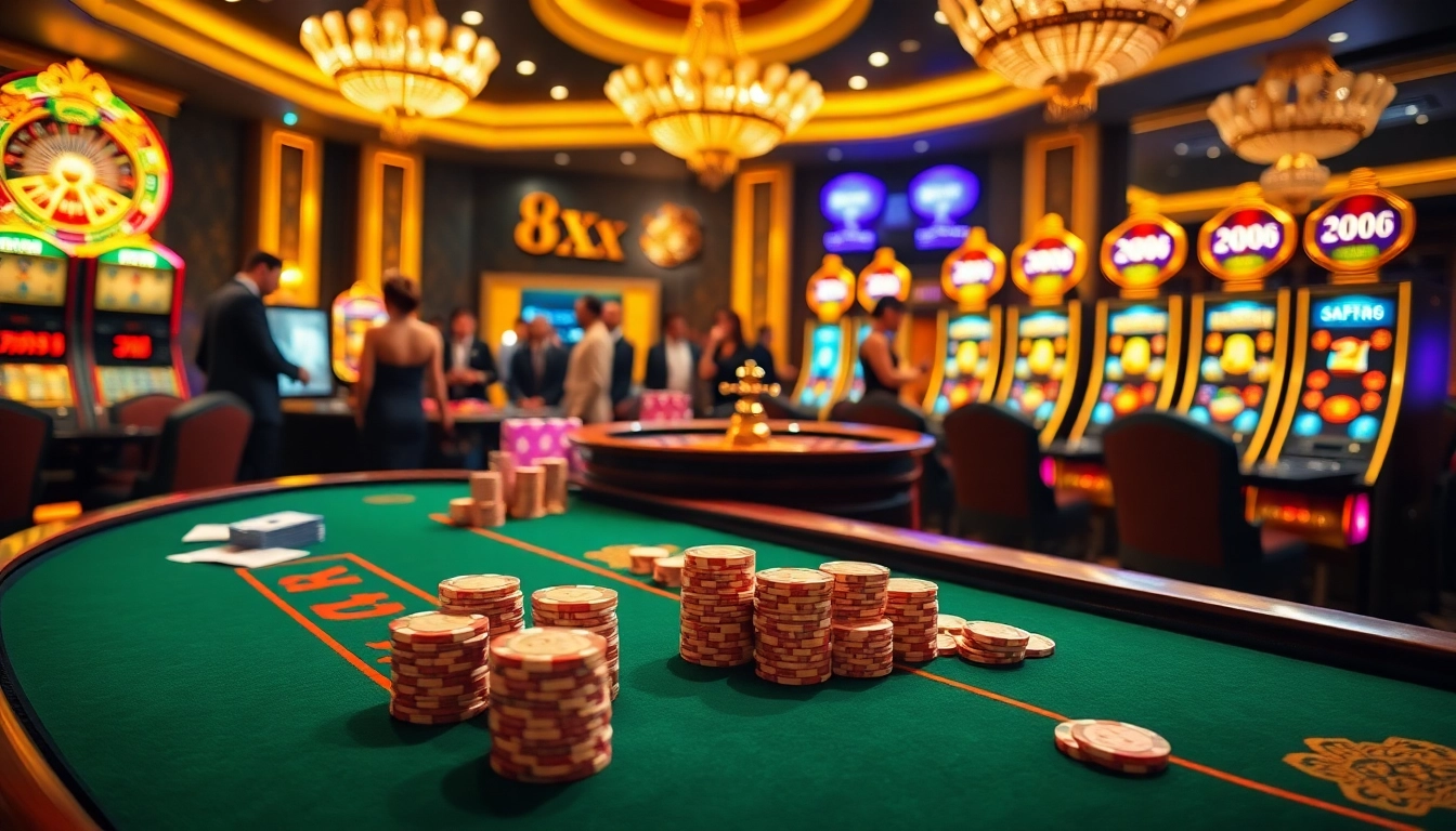 Players engaged in thrilling card games at the 8 XX casino, showcasing excitement and luxury.