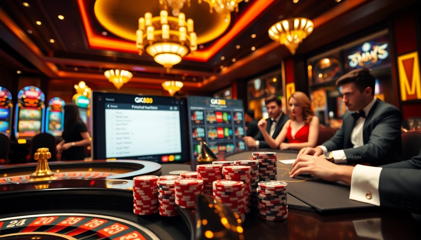 Exciting gambling scene with players enjoying games at https://gk88.bond/ casino, including roulette and poker.