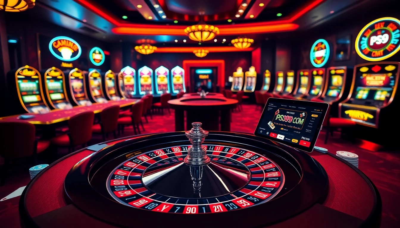 Exciting casino scene showcasing PS99 COM with roulette wheel, vibrant tables, and online gambling interface.