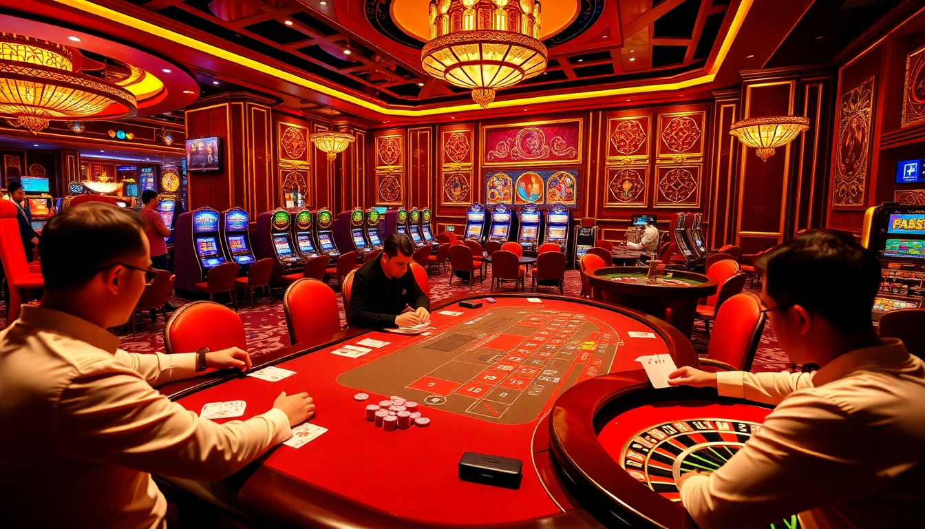 Engage in thrilling Game bài đổi thưởng at a vibrant casino table surrounded by colorful chips and cards.