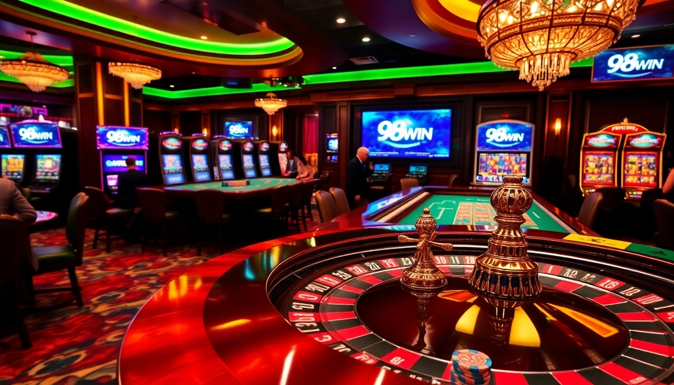 Players enjoying high-stakes games at a luxurious casino with 98WIN branding in the background.