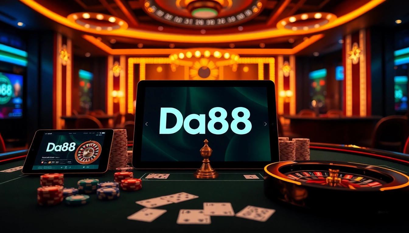 Experience the excitement of Da88 with vibrant poker chips and a sleek online betting interface.