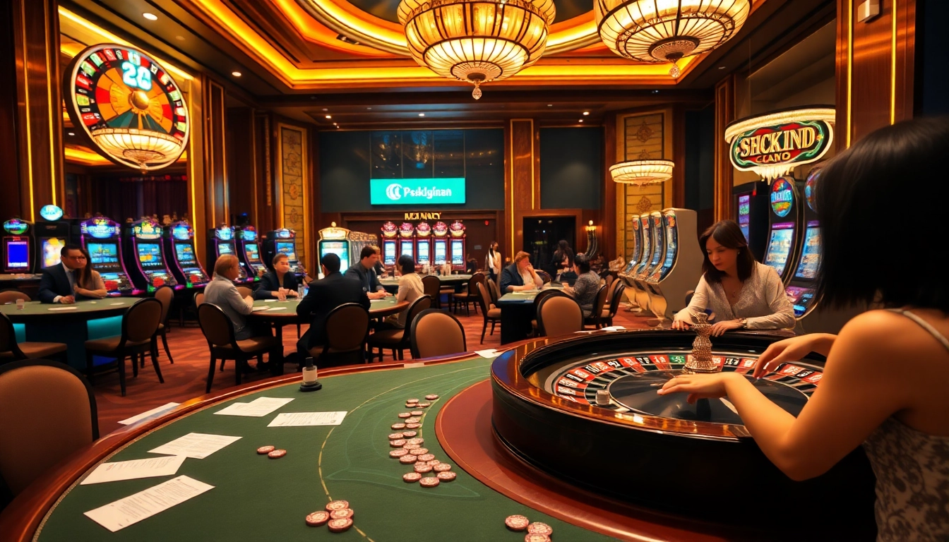 Engaging gaming scene at Liên Minh KJC casino showcasing poker tables and roulette wheels.