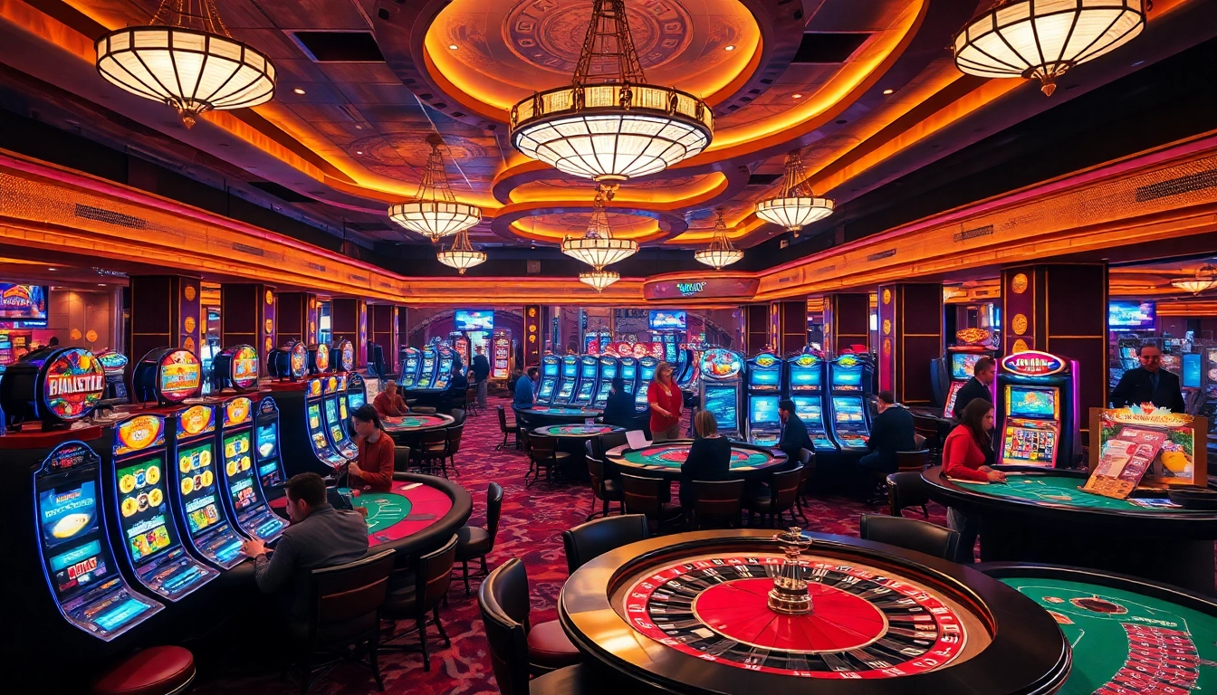 Scene of a vibrant casino gaming floor highlighting nhà cái uy tín with engaged players at poker tables.