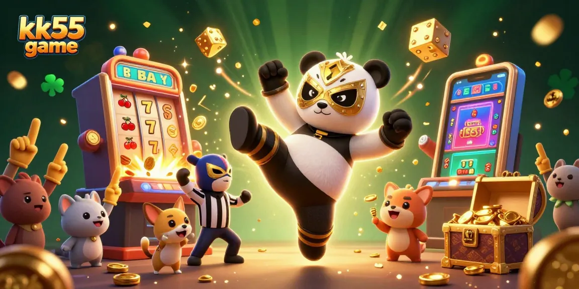Experience exciting action with kk55 game, featuring a playful panda wrestler amid vibrant casino elements.