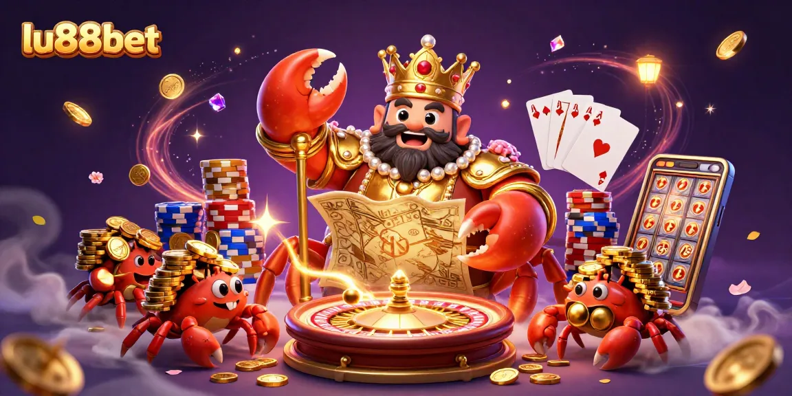 Engage in thrilling gaming experiences at lu88bet, featuring a golden crab emperor amidst vibrant casino elements.